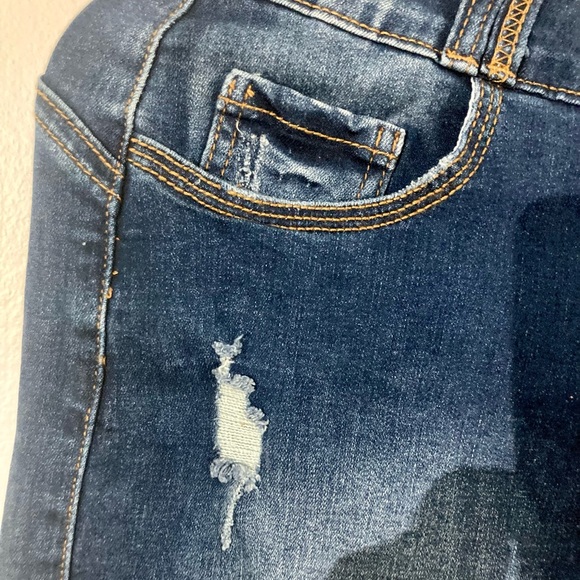 Size 12 Asymmetrical Skirt L Pearl Studs Distressed Denim Skirt Raw Hem Stretch - Picture 2 of 9